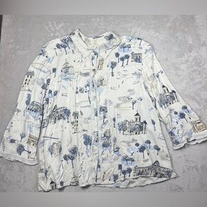 J.Jill Novelty Button Front Travel Paris France Cream Blue Ruffle Blouse Top XL